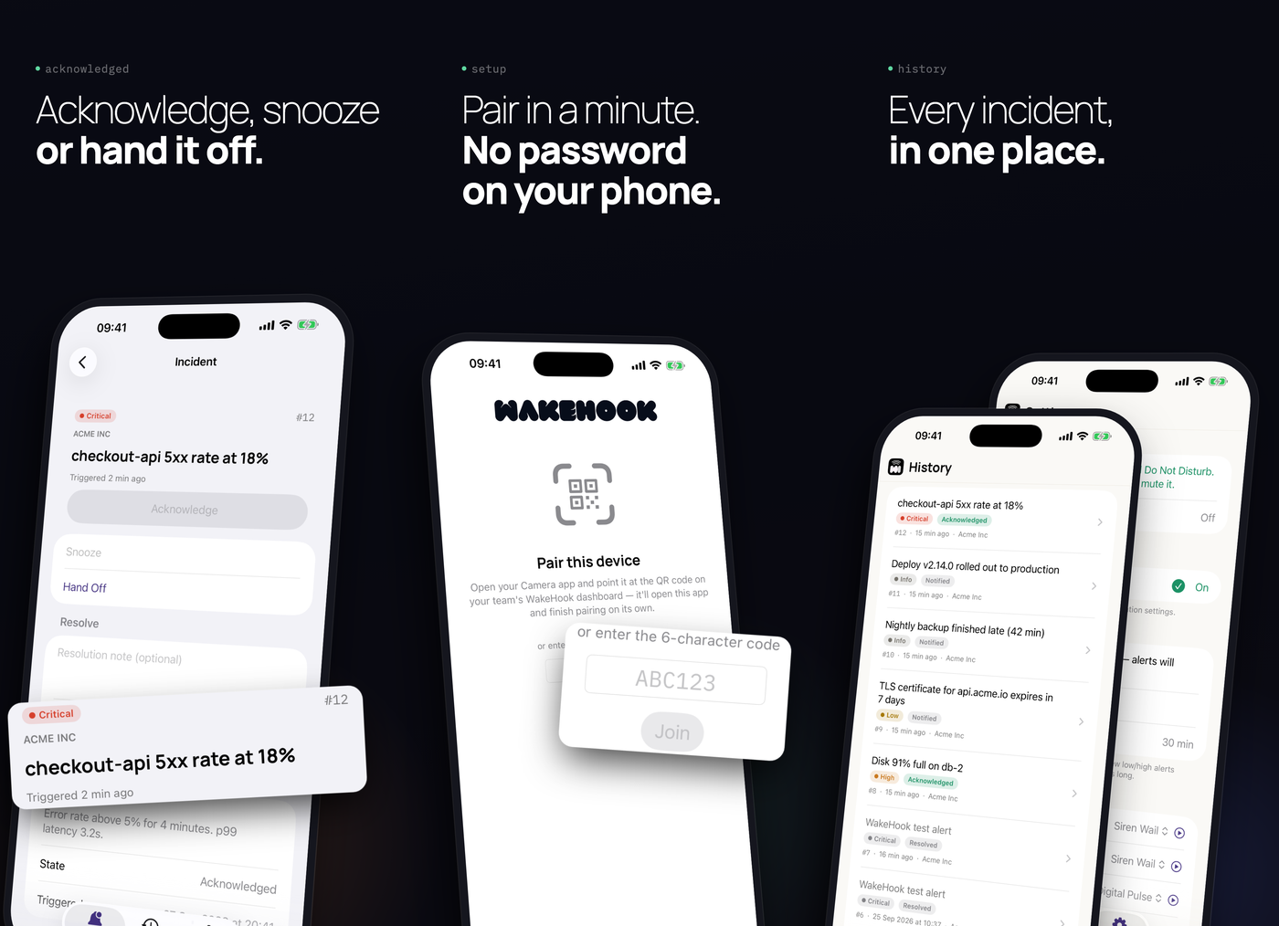 WakeHook on iPhone: acknowledge, snooze or hand off, pair in a minute, and the full incident history